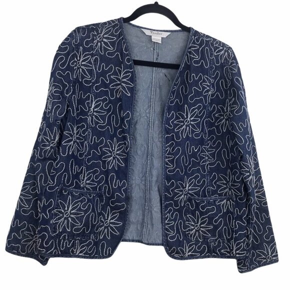 TanJay Floral Embroidered Oversized Denim Open Front Jacket Tencel cotton S P - Picture 2 of 13